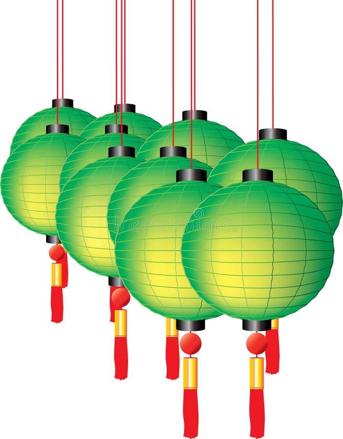 Colorful green chinese festive lanterns with red tassels on white background. Colorful green chinese festive lanterns with red tassels on white background