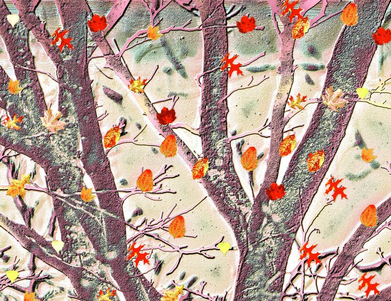 Kleurrijke Dansende Bladeren tegen Geweven achtergrond van Bomen stock illustratie Kleurrijke Dansende Bladeren tegen Geweven achtergrond van Bomen stock illustratie