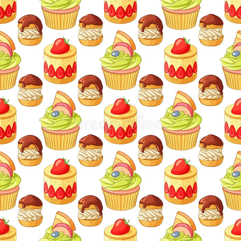 Kleurrijke desserts en gebakje naadloos vectorpatroon op witte achtergrond royalty-vrije illustratie Kleurrijke desserts en gebakje naadloos vectorpatroon op witte achtergrond royalty-vrije illustratie