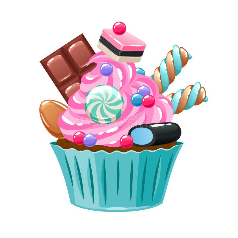 Kleurrijke die cupcake met snoepjes en suikergoed wordt verfraaid royalty-vrije illustratie Kleurrijke die cupcake met snoepjes en suikergoed wordt verfraaid royalty-vrije illustratie