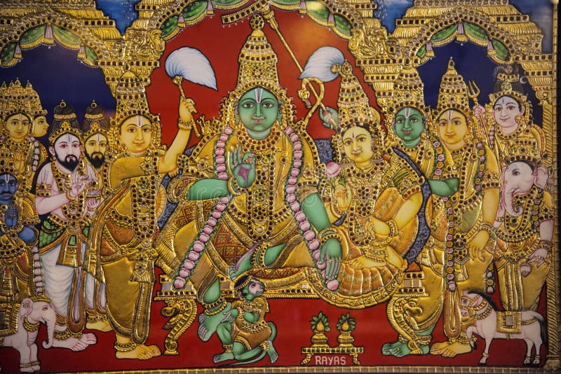 Kleurrijke die Tanjore-schilderijen bij de hotelhal worden getoond, Kumbakonam, Tamil Nadu, India