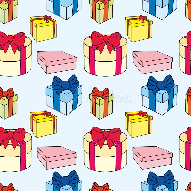 Kleurrijke giftdozen met bogen en linten Vector naadloze illustratie stock illustratie Kleurrijke giftdozen met bogen en linten Vector naadloze illustratie stock illustratie
