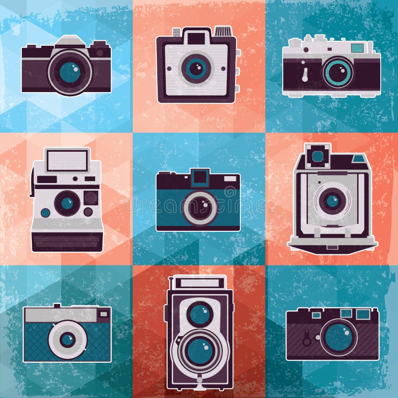 Kleurrijke inzameling van retro camerareeks. stock illustratie Kleurrijke inzameling van retro camerareeks. stock illustratie