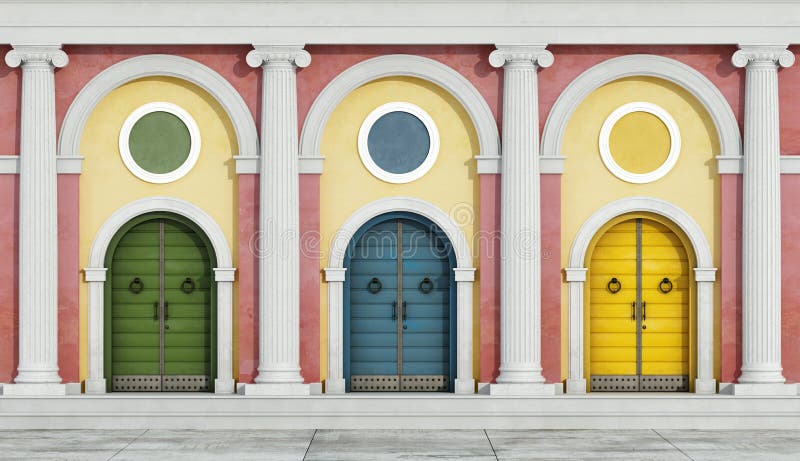 Colorful classic facade with front doors and colonnade - 3D Rendering. Colorful classic facade with front doors and colonnade - 3D Rendering