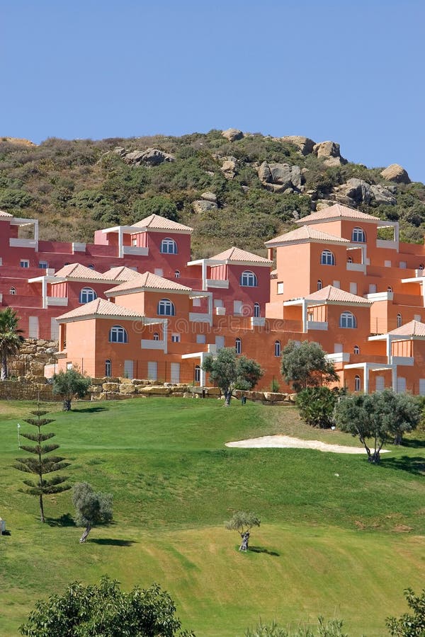 Colourful luxury houses and apartments on Duquesa golf course in Spain on the Costa del Sol. Colourful luxury houses and apartments on Duquesa golf course in Spain on the Costa del Sol