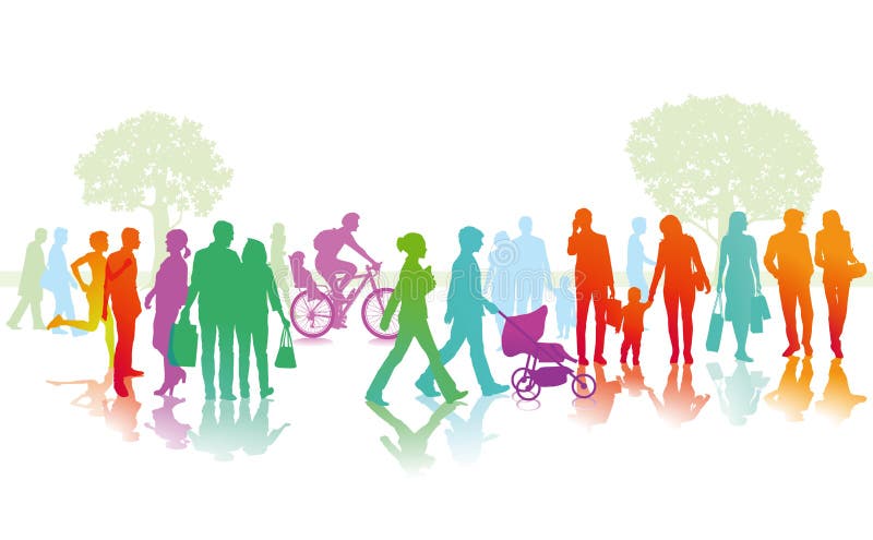 Colorful illustration of families, couples and singles plus a cyclist and a runner all seen in silhouette moving along a city street, white background with misty trees. Colorful illustration of families, couples and singles plus a cyclist and a runner all seen in silhouette moving along a city street, white background with misty trees.