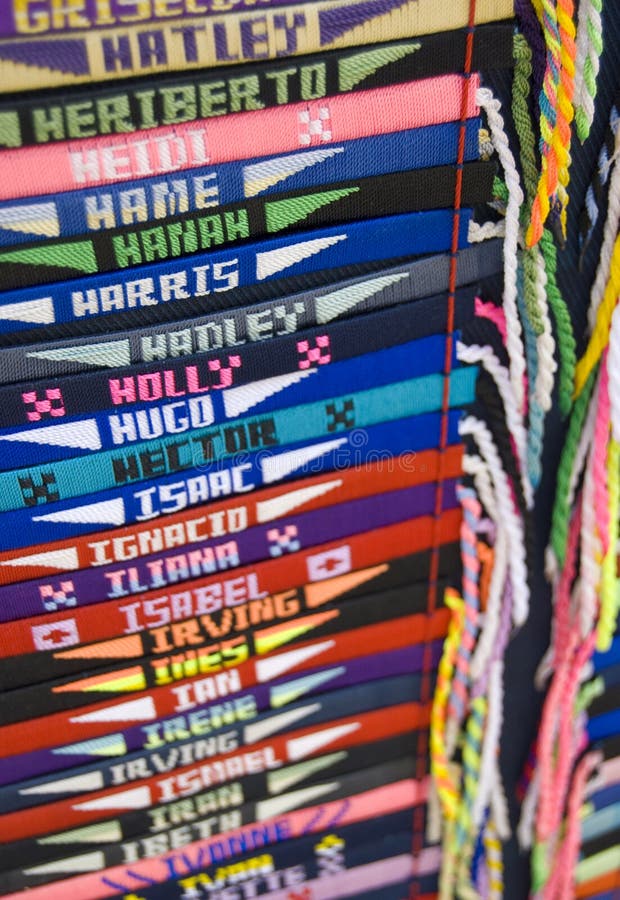 Colorful names on a series of wrist bands. Colorful names on a series of wrist bands.