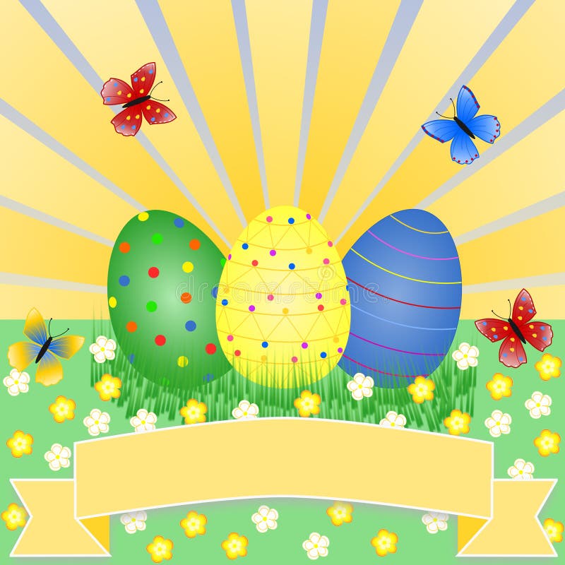 Kleurrijke paaseieren op bloemweide met vlinders stock illustratie Kleurrijke paaseieren op bloemweide met vlinders stock illustratie