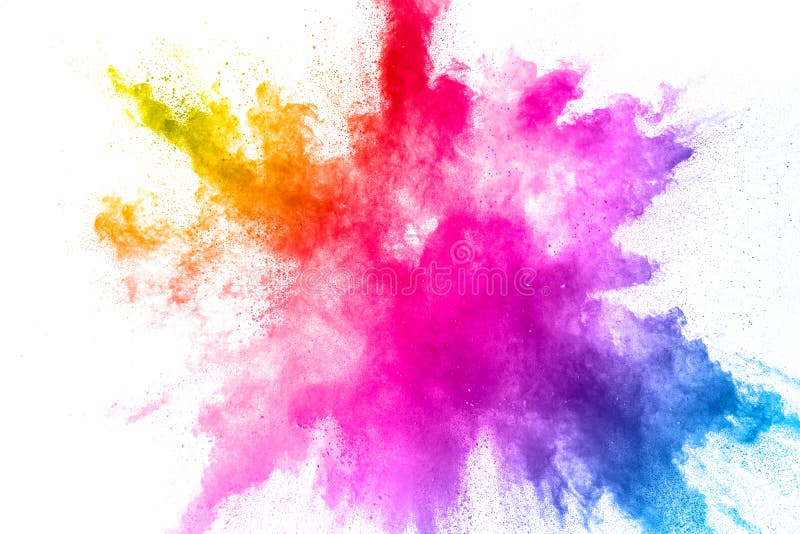 Kleurrijke poederexplosie op witte achtergrond De abstracte plons van pastelkleurstofdeeltjes