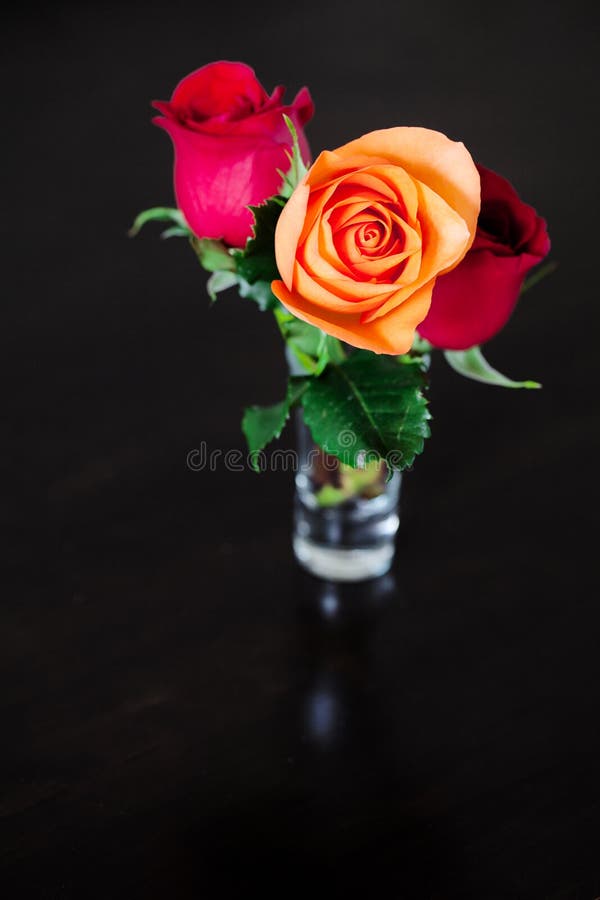 Kleurrijke rozen in een vaas op een houten lijst royalty-vrije stock fotografie Kleurrijke rozen in een vaas op een houten lijst royalty-vrije stock fotografie