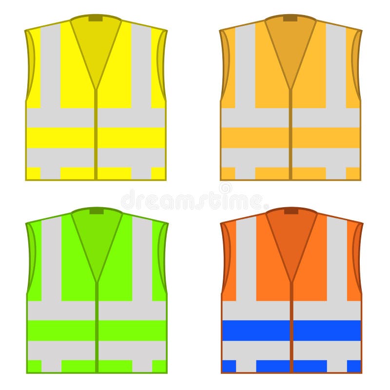 Kleurrijke Veiligheidsjasjes Beschermende Workwear voor het Werk Wegvesten met Strepen Professionele hoog-Zichtkleren royalty-vrije illustratie Kleurrijke Veiligheidsjasjes Beschermende Workwear voor het Werk Wegvesten met Strepen Professionele hoog-Zichtkleren royalty-vrije illustratie