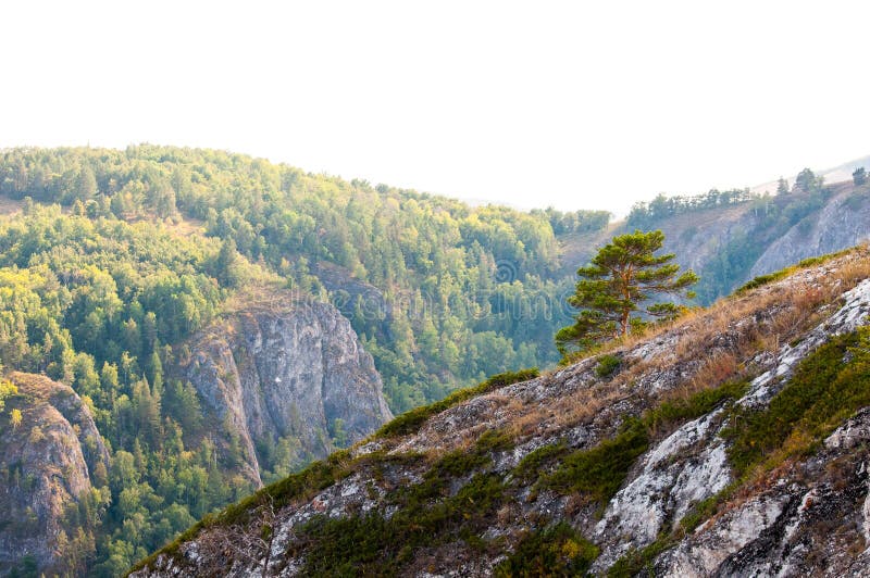 Kleurrijke zonsondergang in de mooie bergen van Bashkortostan stock afbeelding Kleurrijke zonsondergang in de mooie bergen van Bashkortostan stock afbeelding