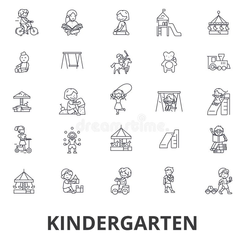 Kindergarten, preschool, teacher, nursery, playground, daycare, kids playing line icons. Editable strokes. Flat design vector illustration symbol concept. Linear signs isolated on white background. Kindergarten, preschool, teacher, nursery, playground, daycare, kids playing line icons. Editable strokes. Flat design vector illustration symbol concept. Linear signs isolated on white background