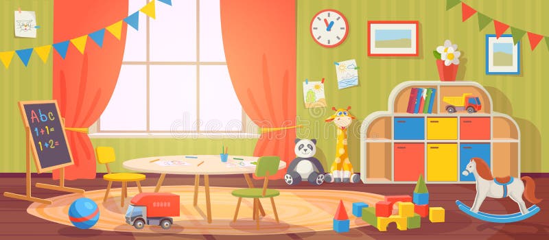 Kindergarten interior. Daycare nursery with furniture and kid toys. Preschool child room for playing, activity and learning, vector cartoon. Blackboard and table with chairs for children. Kindergarten interior. Daycare nursery with furniture and kid toys. Preschool child room for playing, activity and learning, vector cartoon. Blackboard and table with chairs for children
