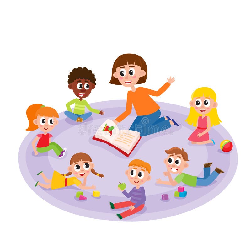 Kleuterschooljonge geitjes en leraar die een boek lezen vector illustratie Kleuterschooljonge geitjes en leraar die een boek lezen vector illustratie