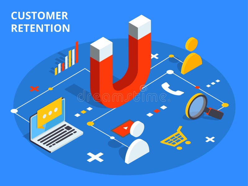 Customer retention or loyalty isometric vector concept illustration. Client care or satisfaction metaphor. Magnet attract potetential buyers. Business marketing idea. Customer retention or loyalty isometric vector concept illustration. Client care or satisfaction metaphor. Magnet attract potetential buyers. Business marketing idea.