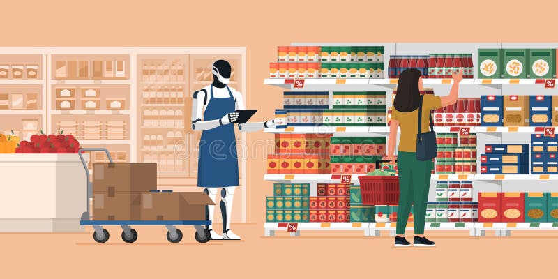 Klient w supermarkecie i roboty humanoidalne w pracy ilustracja wektor