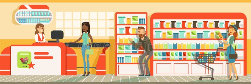 Klientów ludzie stać w kolejce przy gotówkowym biurkiem z kasjerem w supermarkecie, sklepu wewnętrznego projekta horyzontalna wek ilustracja wektor Klientów ludzie stać w kolejce przy gotówkowym biurkiem z kasjerem w supermarkecie, sklepu wewnętrznego projekta horyzontalna wek ilustracja wektor