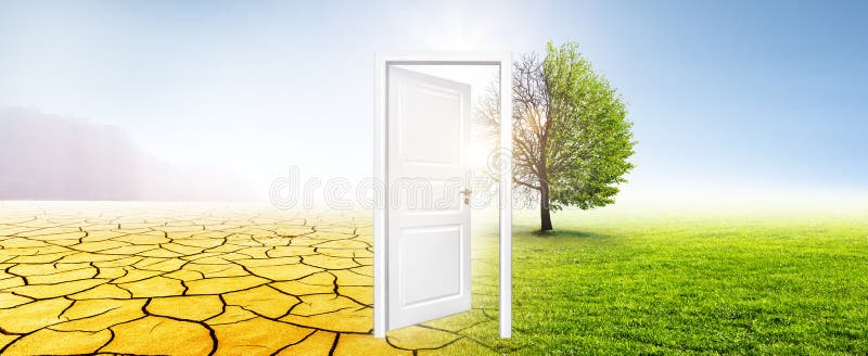 Climate change from desert tor green meadow with an open white door. Climate change from desert tor green meadow with an open white door