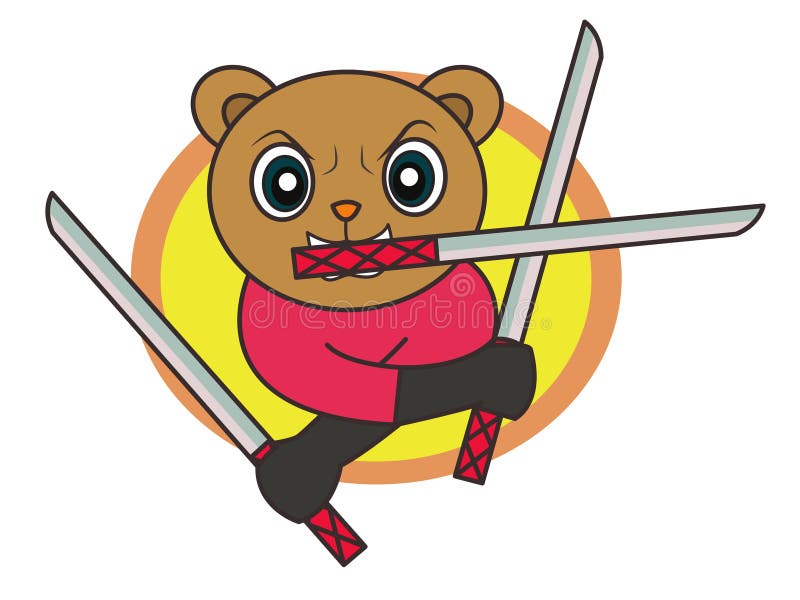 Klingen Karikatur Ninja Bear Holding Three lizenzfreie abbildung Klingen Karikatur Ninja Bear Holding Three lizenzfreie abbildung
