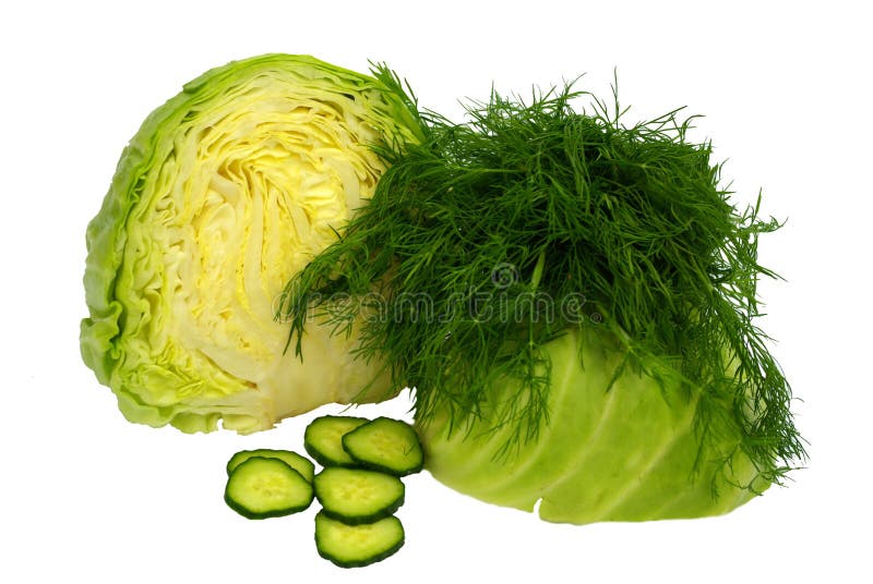 Klipp i halv ung kål med en kvist av dill och högg av gurkan på vit royaltyfri fotografi Klipp i halv ung kål med en kvist av dill och högg av gurkan på vit royaltyfri fotografi
