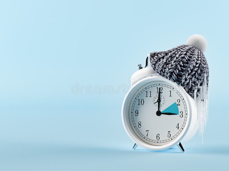 Klocka som ändrar från sommar till vintertid Vintertidbegrepp framförande 3d royaltyfri bild