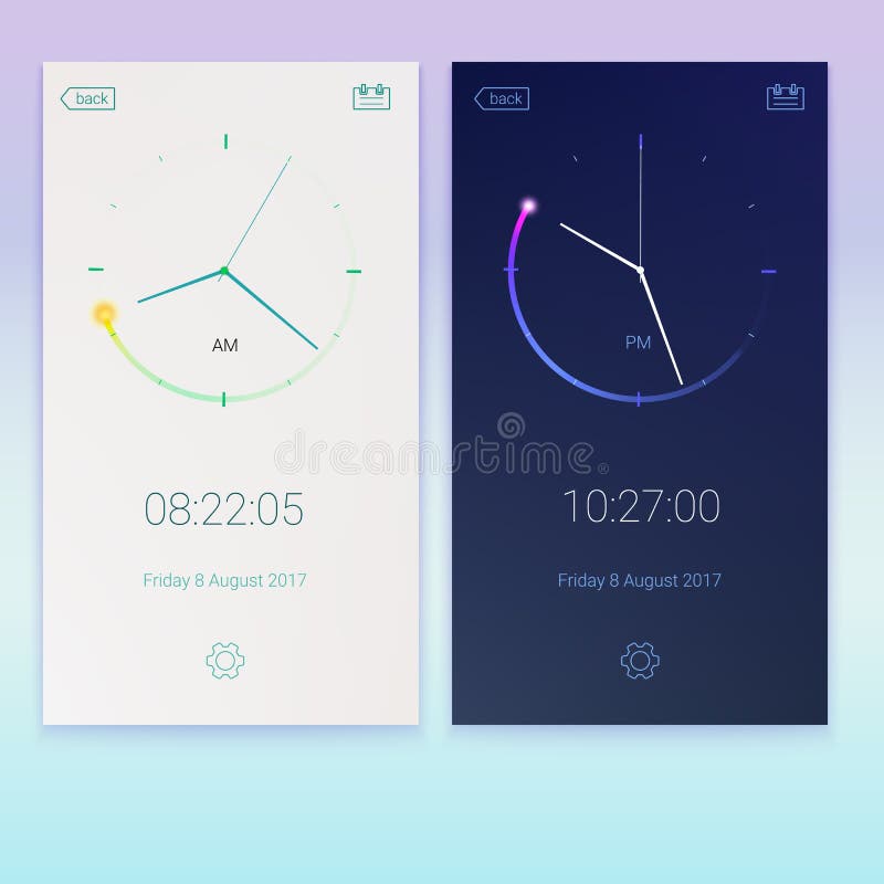 Kloktoepassing, concept contrastui ontwerp, dag en nacht varianten Digitale aftelprocedure app, gebruikersinterfaceuitrusting vector illustratie Kloktoepassing, concept contrastui ontwerp, dag en nacht varianten Digitale aftelprocedure app, gebruikersinterfaceuitrusting vector illustratie