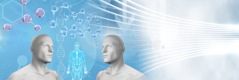 Kloon tweeling 3D mensen met genetische DNA stock illustratie Kloon tweeling 3D mensen met genetische DNA stock illustratie