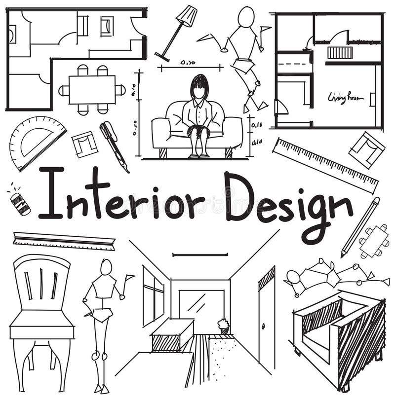 Interior design and building blueprint profession and education handwriting doodle tool sign and symbol in white isolated background paper for subject or presentation title, create by vector. Interior design and building blueprint profession and education handwriting doodle tool sign and symbol in white isolated background paper for subject or presentation title, create by vector