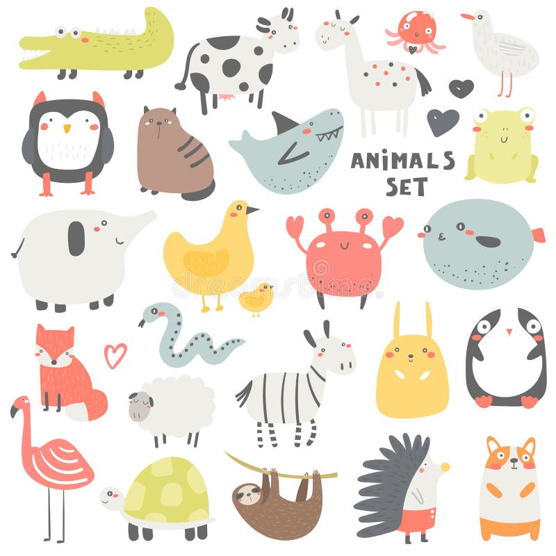Klotterdjur ställde in inklusive ugglan, krokodilen, kon, katten, hajen, hästen, geléfisken, grodan, seagullen, elefanten, höna arkivbild Klotterdjur ställde in inklusive ugglan, krokodilen, kon, katten, hajen, hästen, geléfisken, grodan, seagullen, elefanten, höna arkivbild