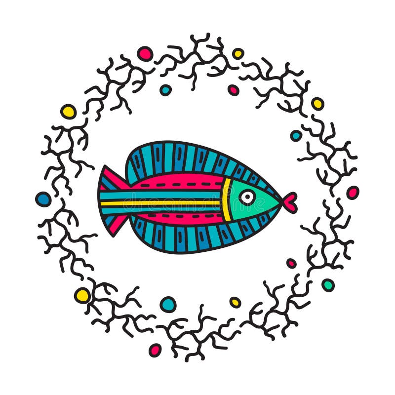 Klotterfisk i cirkelram stock illustrationer Klotterfisk i cirkelram stock illustrationer