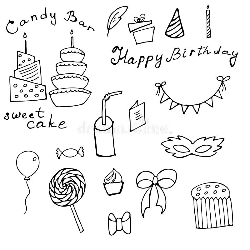 Klotteruppsättning för lycklig födelsedag stock illustrationer Klotteruppsättning för lycklig födelsedag stock illustrationer