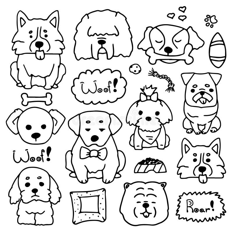 Doodle set of cute dogs different breeds. Drawn by hand illustration of doggy collection. Sketches of animals in simple style. Vector set, pretty dogs. Doodle set of cute dogs different breeds. Drawn by hand illustration of doggy collection. Sketches of animals in simple style. Vector set, pretty dogs