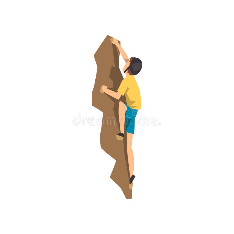 Klättraren i skyddande hjälmklättring vaggar väggen, den extrema sporten och illustrationen för fritidsaktivitetbegreppsvektor på stock illustrationer Klättraren i skyddande hjälmklättring vaggar väggen, den extrema sporten och illustrationen för fritidsaktivitetbegreppsvektor på stock illustrationer