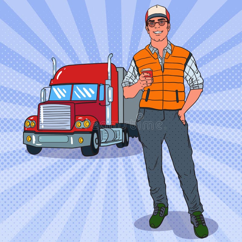 Pop Art Smiling Trucker Standing in front of a Truck. Professional Driver. Vector illustration. Pop Art Smiling Trucker Standing in front of a Truck. Professional Driver. Vector illustration