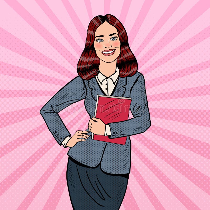Knall Art Successful Smiling Business Woman, der Ordner hält stock abbildung Knall Art Successful Smiling Business Woman, der Ordner hält stock abbildung