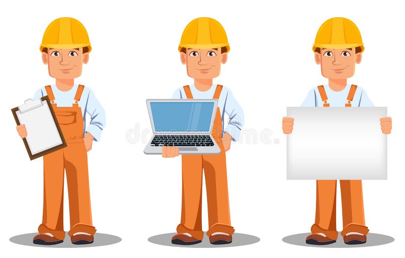 Handsome builder in uniform, cartoon character set. Professional construction worker. Smiling repairman holds checklist, holds laptop and holds placard. Vector illustration. Handsome builder in uniform, cartoon character set. Professional construction worker. Smiling repairman holds checklist, holds laptop and holds placard. Vector illustration