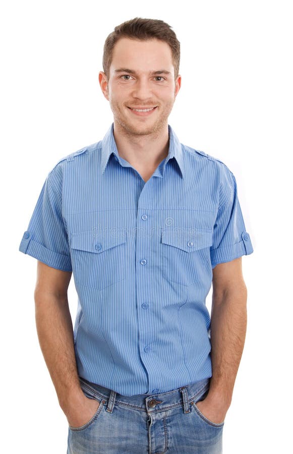 Cheerful young man with blue shirt and jeans - isolated on white. Cheerful young man with blue shirt and jeans - isolated on white