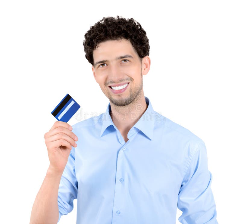 Knappe mens die geïsoleerde_ creditcard toont stock fotografie Knappe mens die geïsoleerde_ creditcard toont stock fotografie