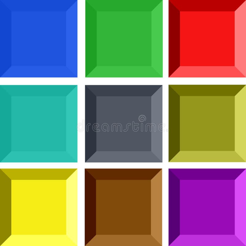 Collection of 9 3D square colored buttons. Collection of 9 3D square colored buttons