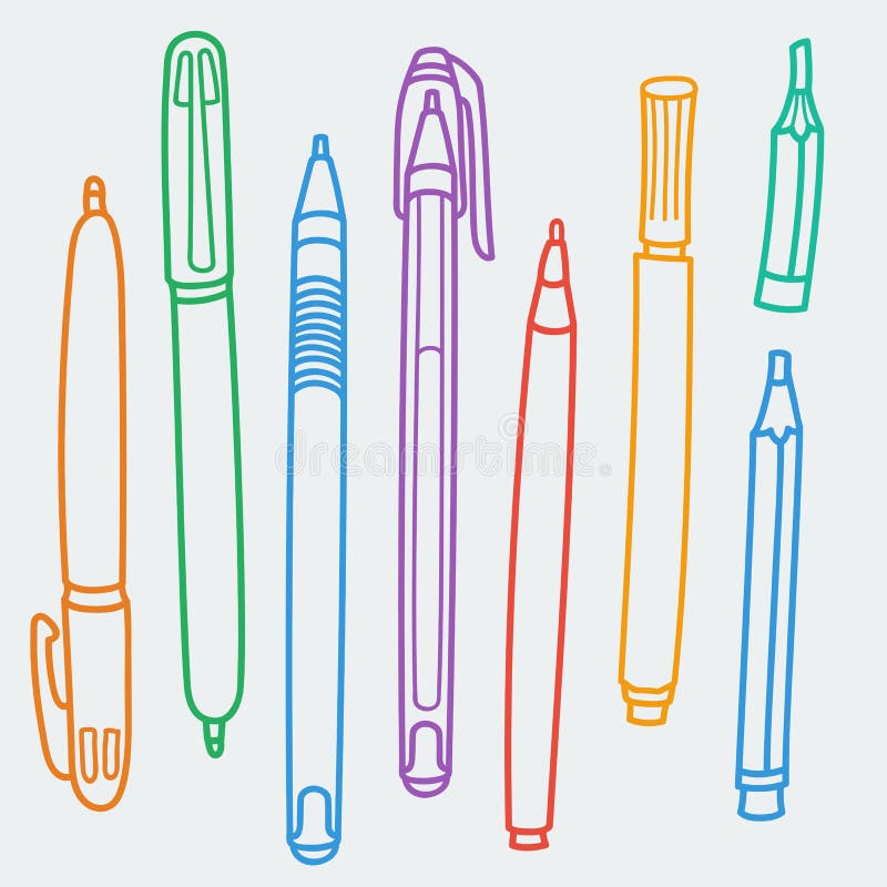 Knapphändig klotteruppsättning av handstil och teckningsredskap, hjälpmedel, tillförsel för skola och kontor: penna blyertspenna, vektor illustrationer Knapphändig klotteruppsättning av handstil och teckningsredskap, hjälpmedel, tillförsel för skola och kontor: penna blyertspenna, vektor illustrationer