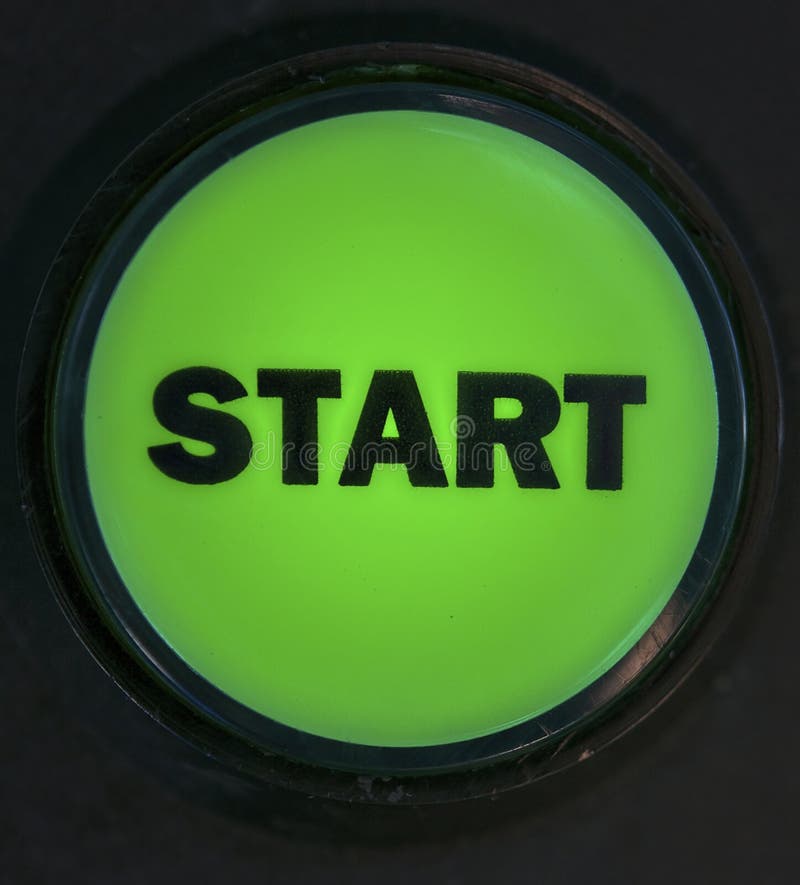 Close up photo of start button, black text on green. Close up photo of start button, black text on green