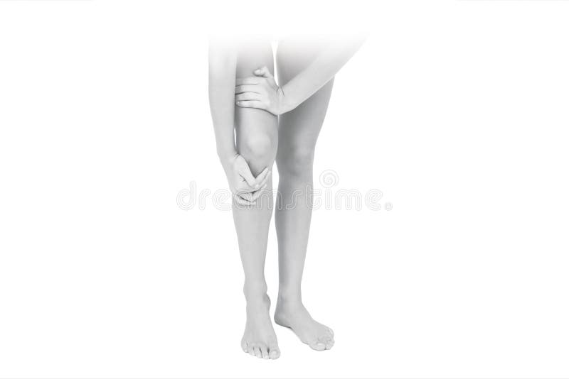 Knee Pain, Painful Point Isolated On White Background. Woman Holding Her Painful Knee. Joint Pain, Concept Of Medicine, Massage, P