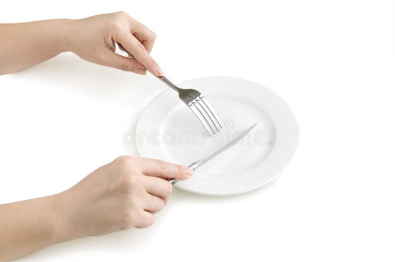 Knife and Fork in Hands on the White Plate Stock Image Image of plate