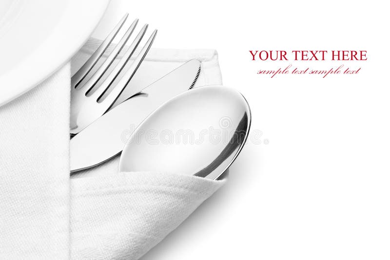 Knife, fork and spoon with linen serviette. stock image