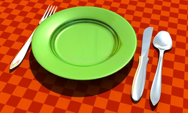 Knife, fork, spoon and plate with table coth