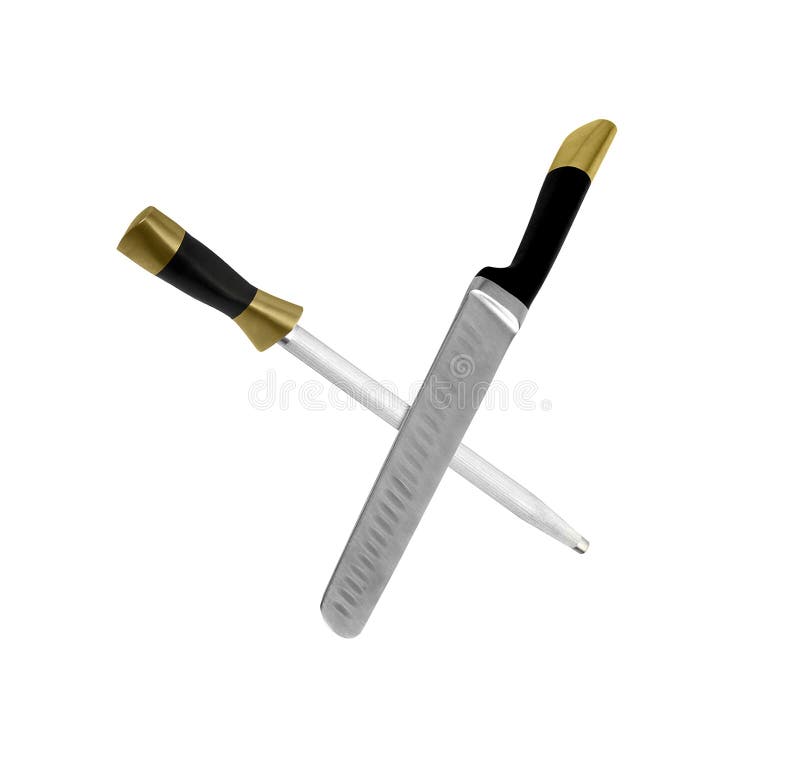 Knife and sharpener isolated on white stock photos