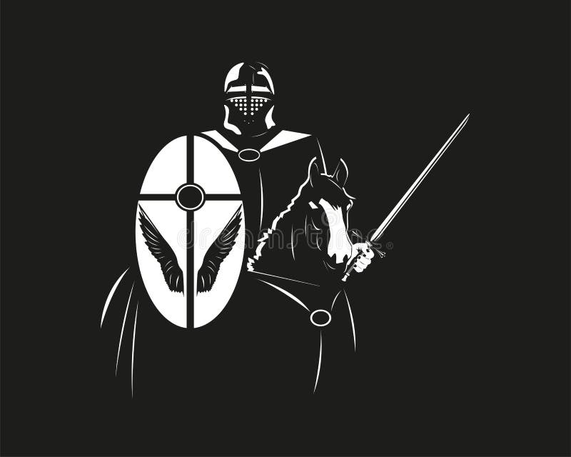 black and white cartoon knight on horse