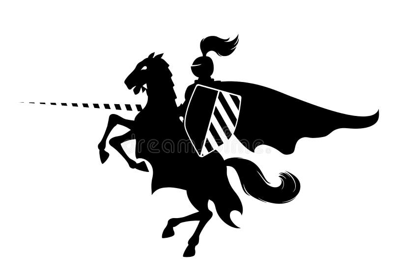 Silhouette del cavaliere medievale a cavallo, illustrazione può adattarsi a qualsiasi dimensione.