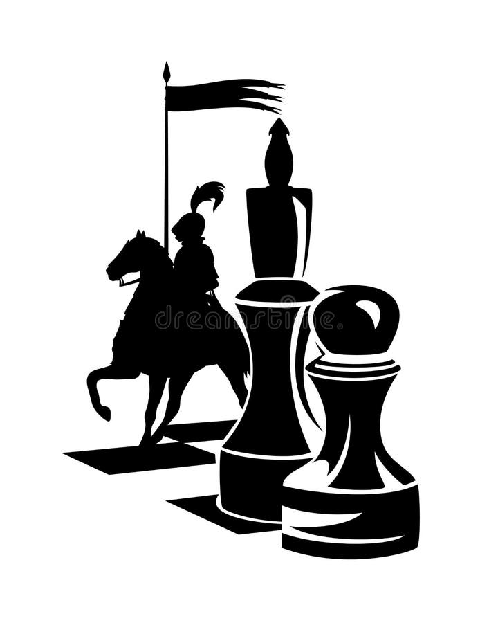 Knight, king and pawn pieces on chess board black vector design